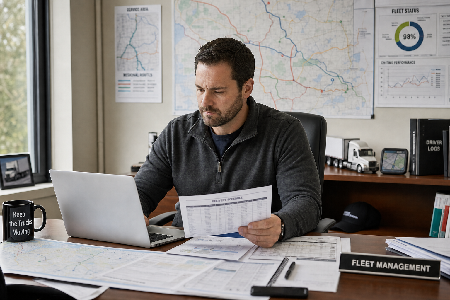 Fleet manager reviewing route maps and logistics